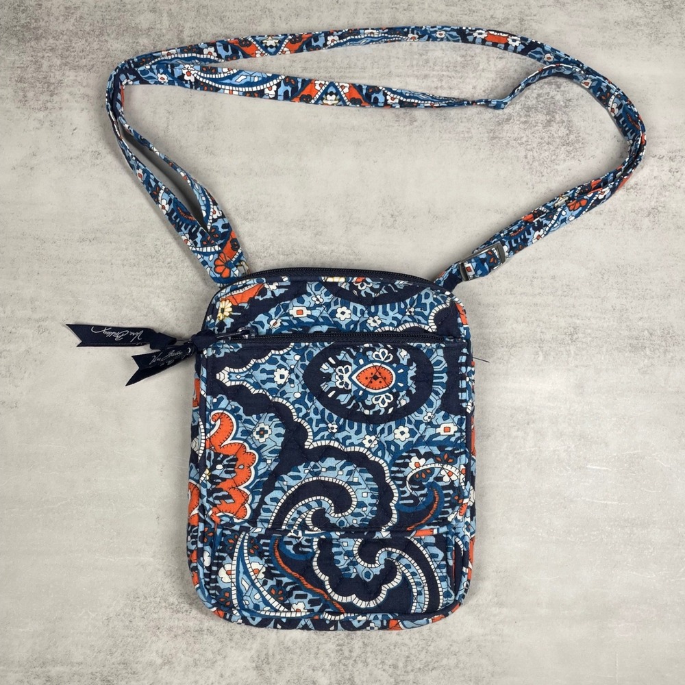 Vera Bradley Crossbody Bag Purse Paisley Quilted Cotton Womens Navy Blue Orange